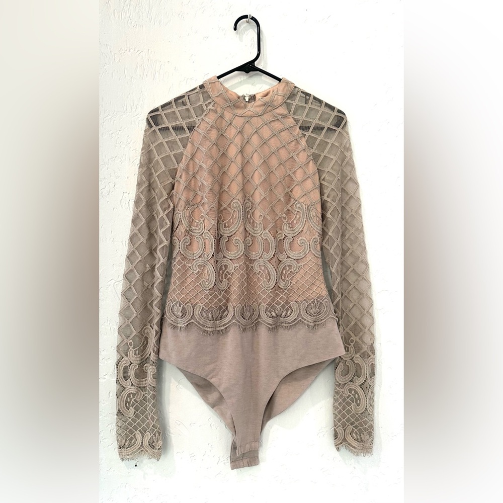 SOLDTan Embellished Bodysuit with Long Sleeves